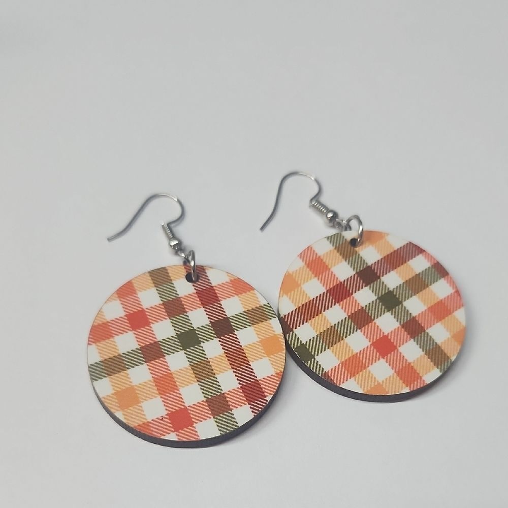 Plaid Earrings with Circular Shape and Fish Hook Style